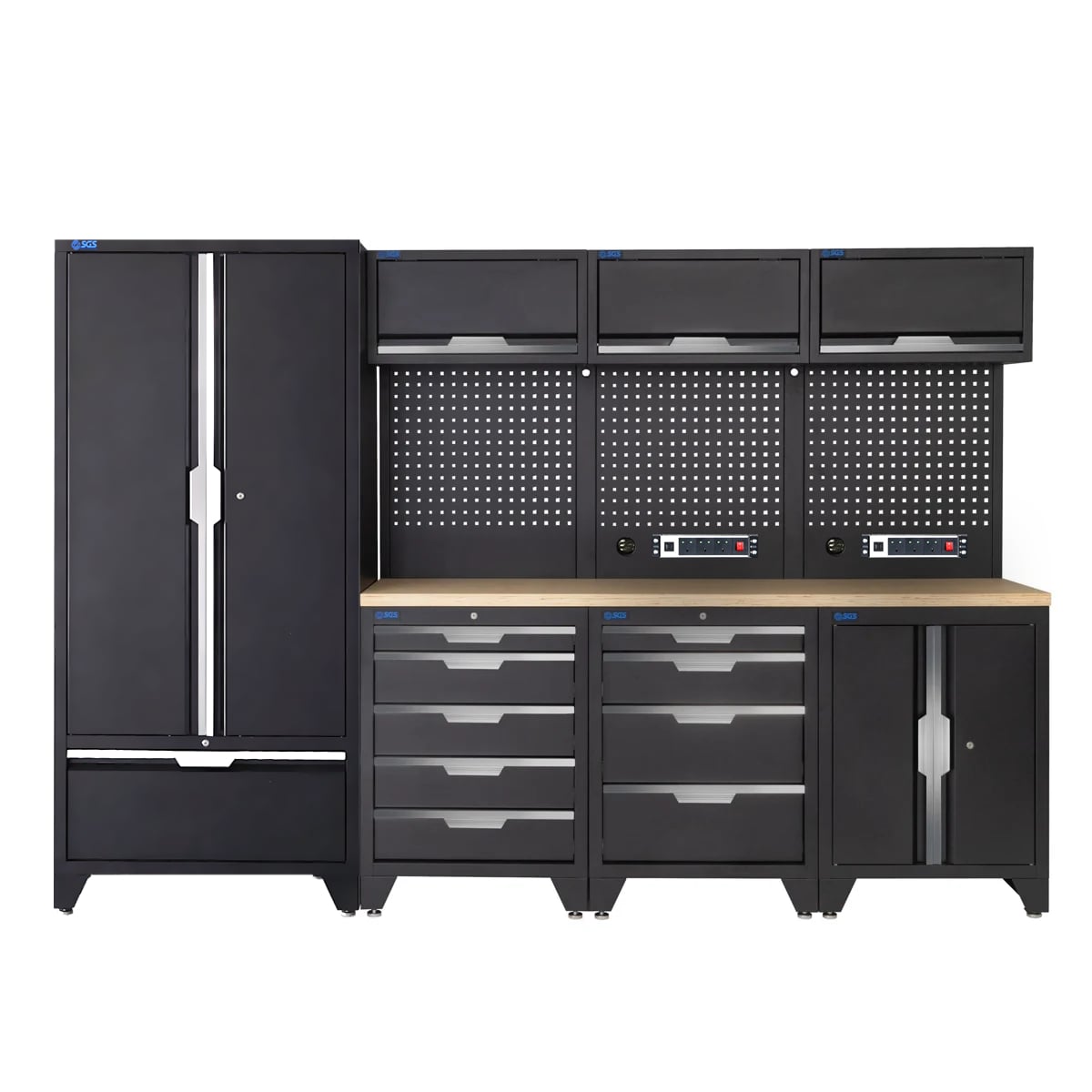 SGS 10pc Modular Garage Storage | 9 Drawers | Plywood Worktop | Tall Double Cabinet with Drawer | Floor Cabinet | 3x Upper Cabinets | 2x Pegboards with Power Strip